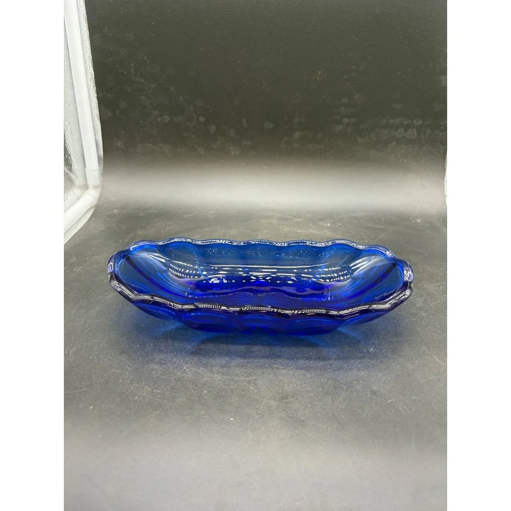 Vintage Cobalt Blue Glass Relish Dish Scalloped Sunburst Oval Serving Bowl 8.5
